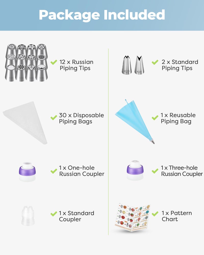 Kootek 48Pcs Russian Piping Tips Set, Piping Bags and Tips Set with 12 Russian Tips, 2 Icing Tips, 30+1 Pastry Bags, 3 Couplers for Cake Decorating, Cupcake, Cookie, Baking - Image 5