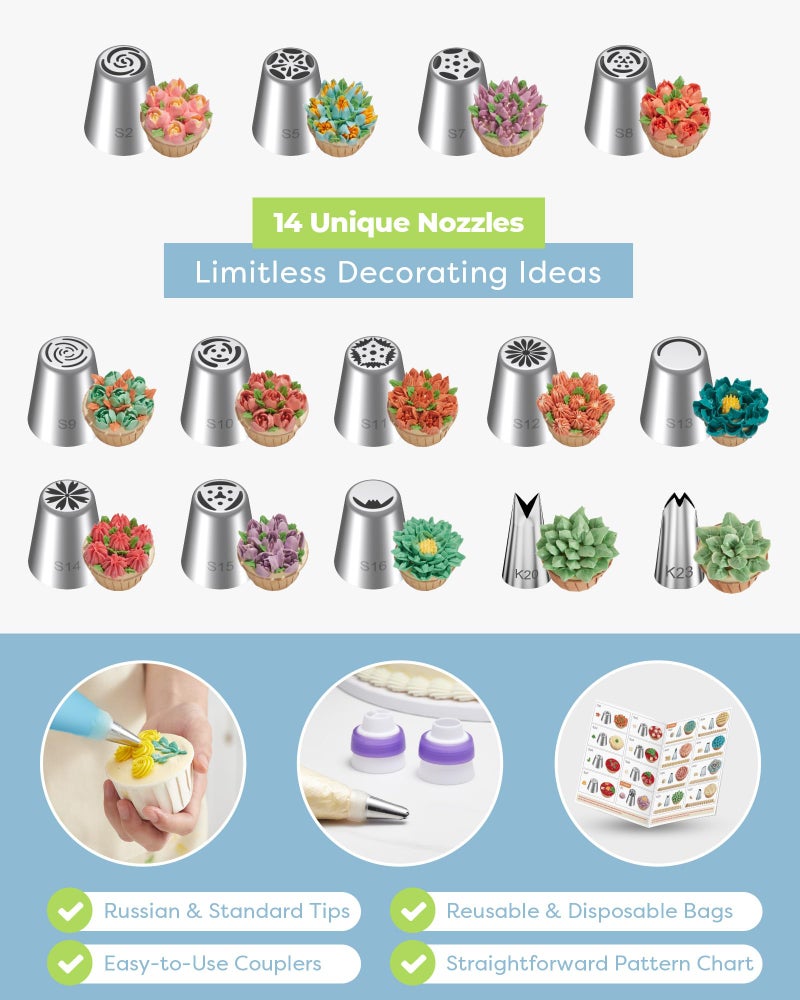 Kootek 48Pcs Russian Piping Tips Set, Piping Bags and Tips Set with 12 Russian Tips, 2 Icing Tips, 30+1 Pastry Bags, 3 Couplers for Cake Decorating, Cupcake, Cookie, Baking - Image 2