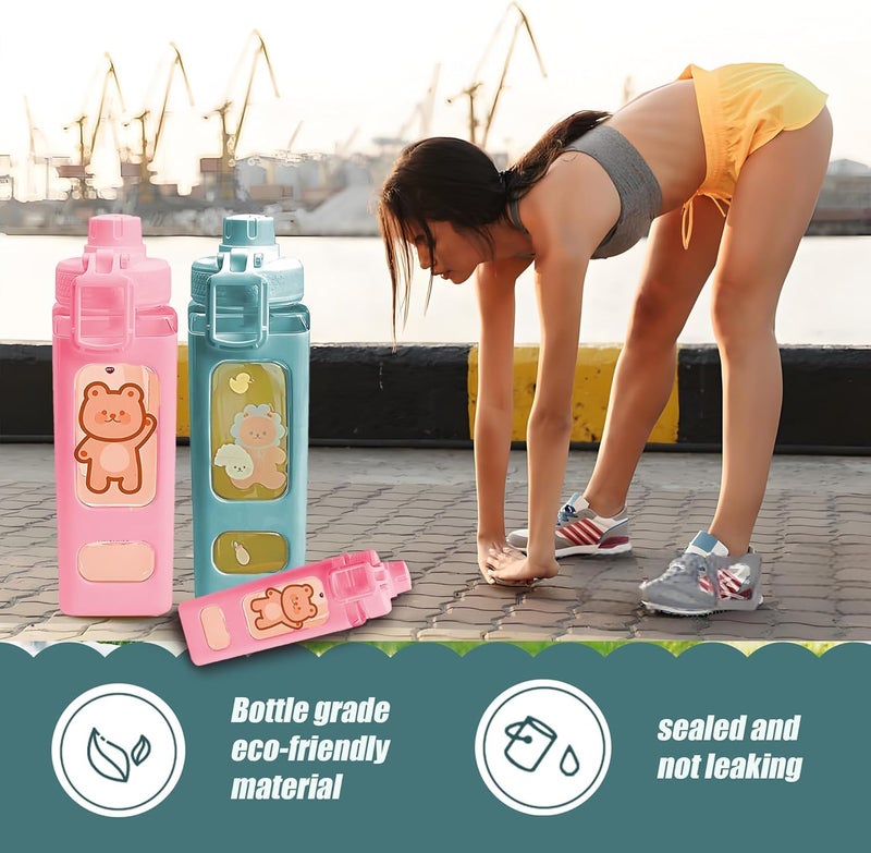 MAHNTMART Plastic Kawaii Water Bottle with Straw Cute Large Bottles Stickers Aesthetic Leakproof Square Drinking (700ml/1pcs) (Pink) - Image 3