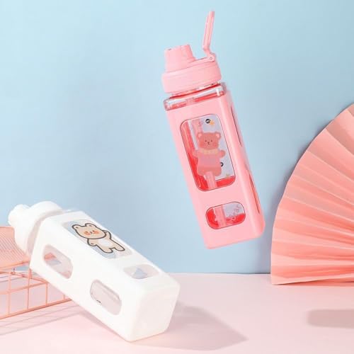 MAHNTMART Plastic Kawaii Water Bottle with Straw Cute Large Bottles Stickers Aesthetic Leakproof Square Drinking (700ml/1pcs) (Pink) - Image 5