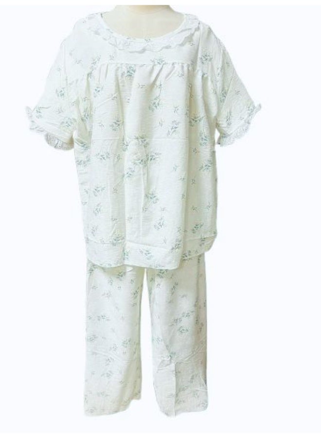 No brands طقم بيجامات نسائية مريحة مطبوعة من القطن والكتان مع كشكشة - Image 1