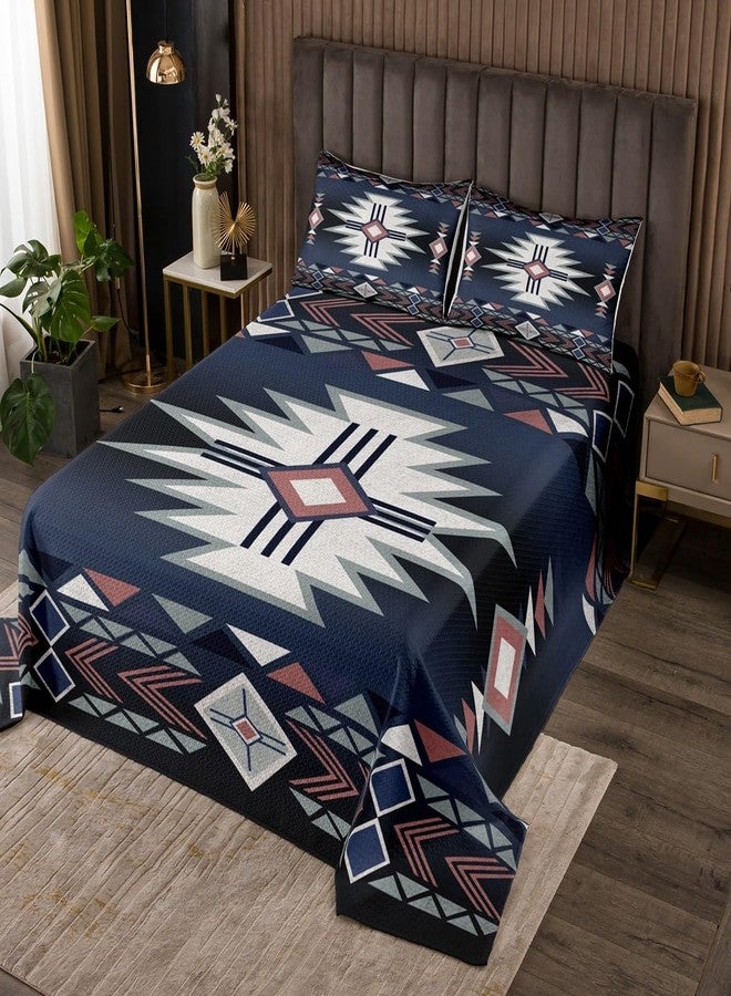 Homewish Southwestern Bedspread King Size,Rustic Farmhouse Western Bedding Set,Kids Adult Geometric Aztec Tribal Arrow Striped Comforter Set Dark Blue Red Vintage Bohemian Quilt Coverlet,2 Pillowcases - Image 1