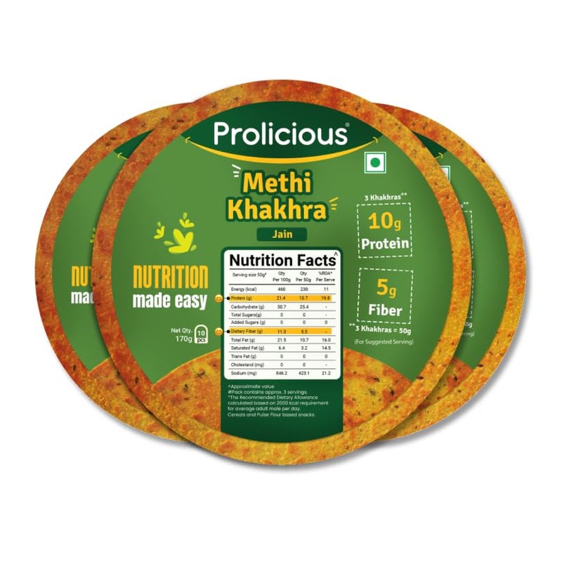 Prolicious Protein Methi Khakra | NO Palm Oil | High Protein & Fiber | Roasted & Crispy | Ready to Eat | Flavourful | Healthy Tea Time Snack | 170Grams (Pack of 3) - Image 1