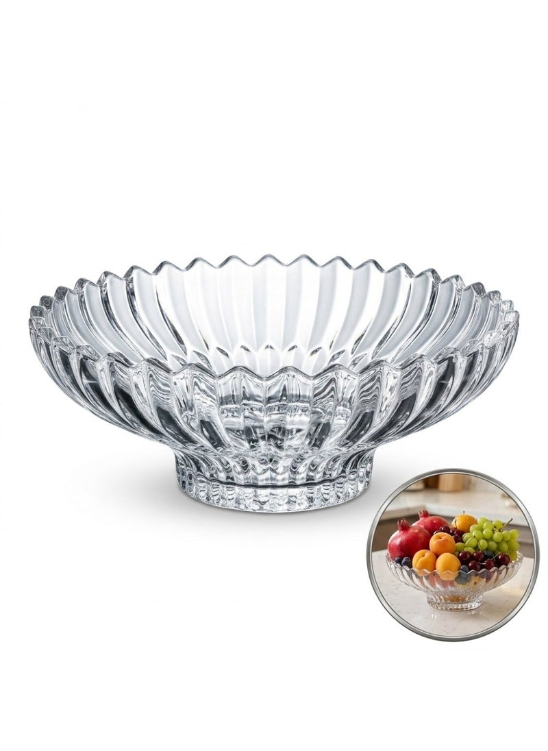 Blinkmax Glass Fruit Bowl with Raised Base, Ribbed Design, Elegant Serving Dish for Fruits and Pastries, for Dining Tables and Gatherings - Transparent - Image 1