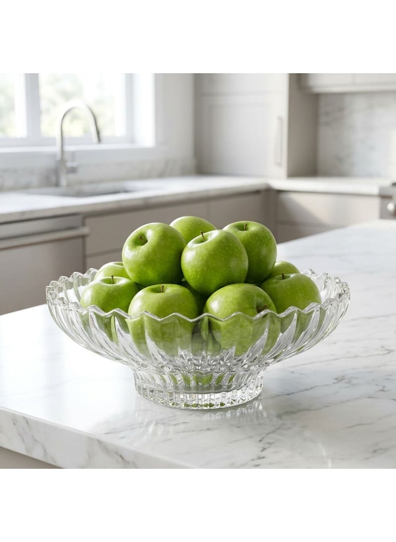 Blinkmax Glass Fruit Bowl with Raised Base, Ribbed Design, Elegant Serving Dish for Fruits and Pastries, for Dining Tables and Gatherings - Transparent - Image 2