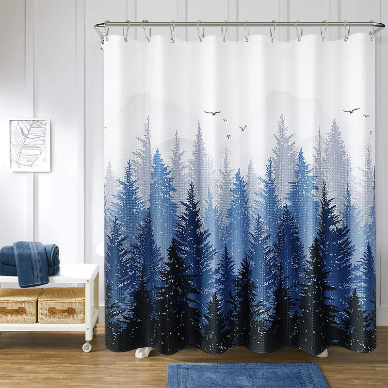 Hokibero Blue Misty Forest Mountain Nature Tree Fabric Shower Curtains for Bathroom Waterproof Heavy Duty Navy Blue and White Woohitedland Shower Curtain Bathtubs Hotel 72 x 72 inch