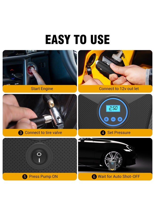 Digital Car Tyre Inflator Air Compressor, with Auto Stop and LED Light ，Portable 150PSI DC12V Air Pump 9.5FT Cord with Digital Pressure Display and 3 Nozzle, Valve Adaptors for Car/Bike/Ball/Motorbike - Image 4