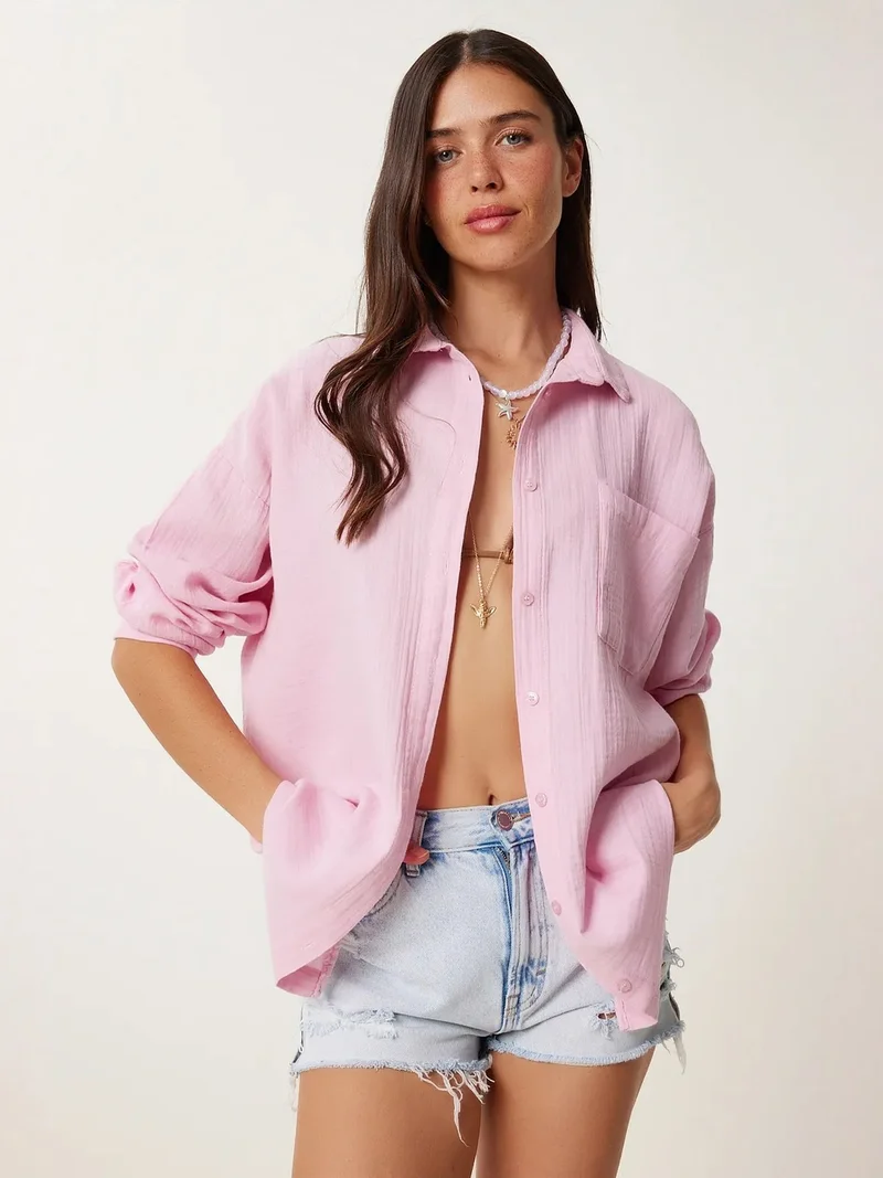 السعادة في إسطنبول ISTANBUL Oversized Textured Cotton Shirt with Pocket