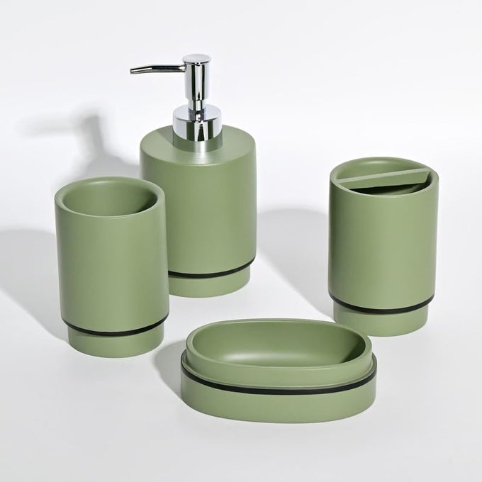 BATHROOM ACCESSORIES SET OF 4 MODERN BATH SET WITH LIQUID HANDWASH SOAP DISPENSER AND TOOTHBRUSH HOLDER LUXURY GIFT ACCESSORY FOR HOME SAGE