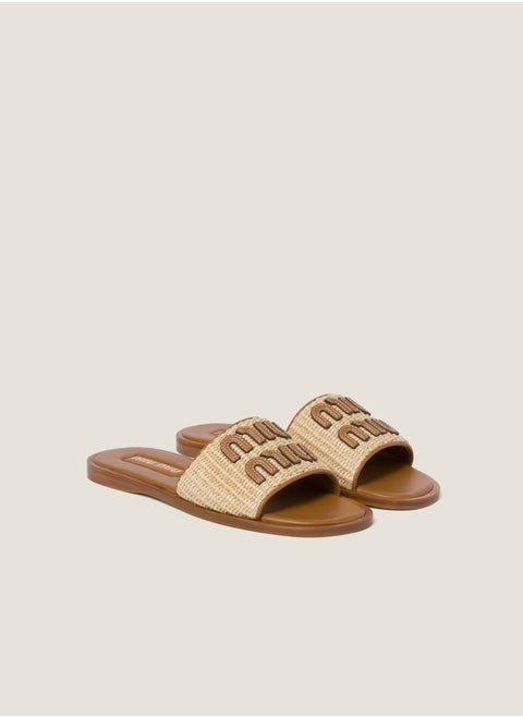 MIU Raffia-effect woven fabric slides