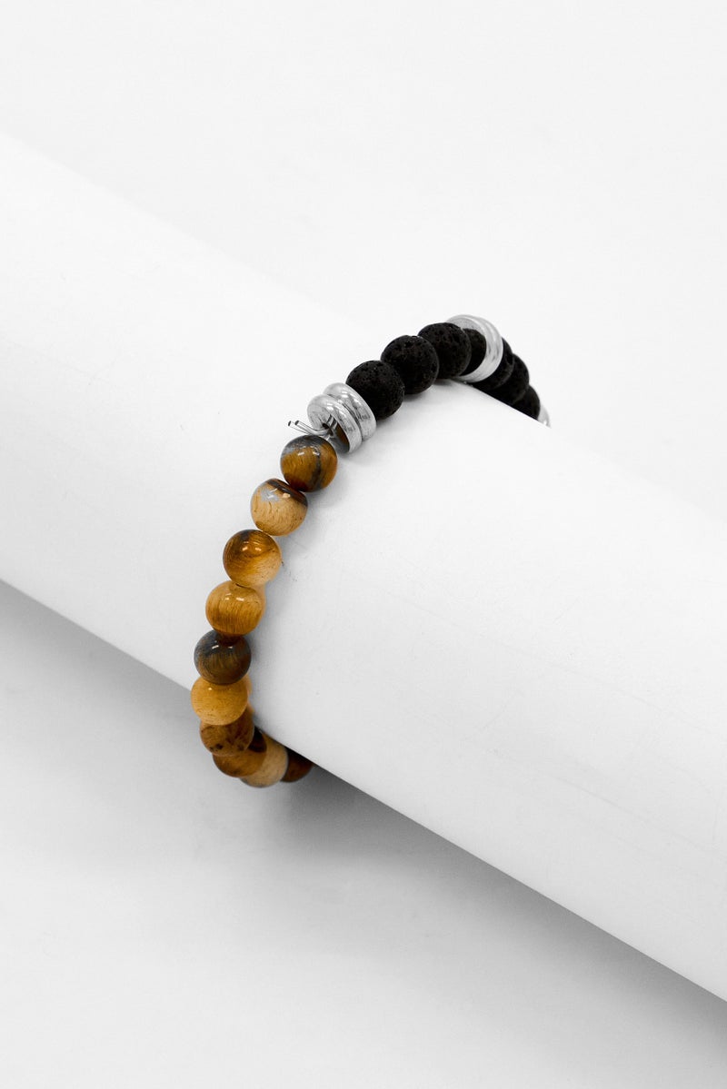 Steeltime Men Tiger Eye And Lava Beaded Stainless Steel Bracelet, Multicolor - Image 3