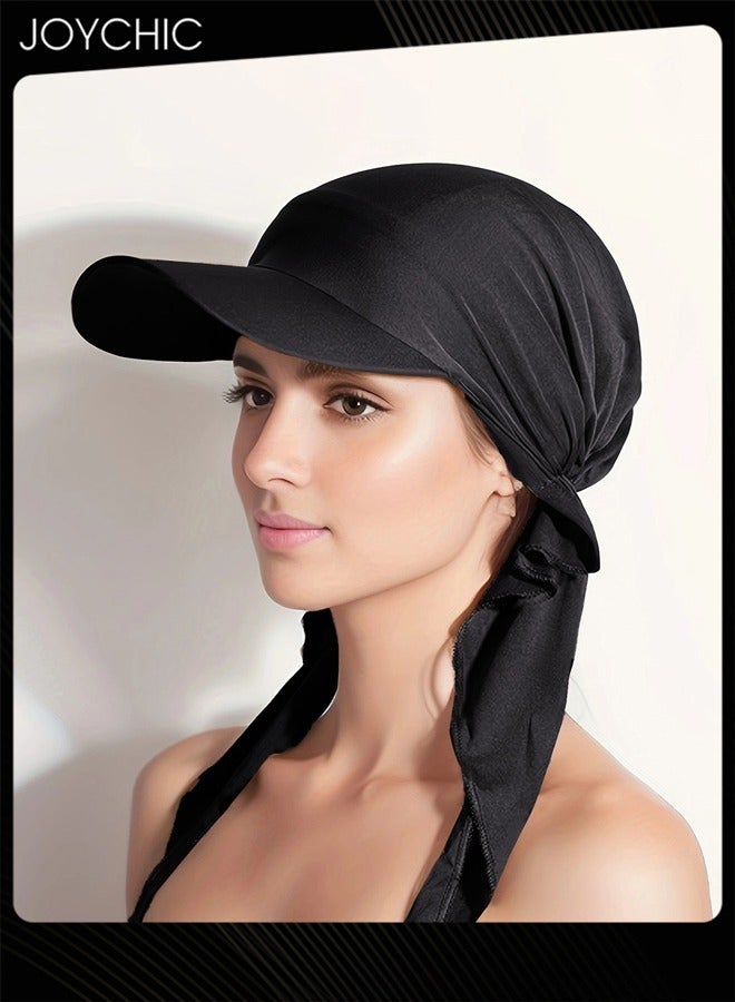 Joychic Women Solid Color Fashion Hijab Strap Sun Protection Hat Black - Image 1