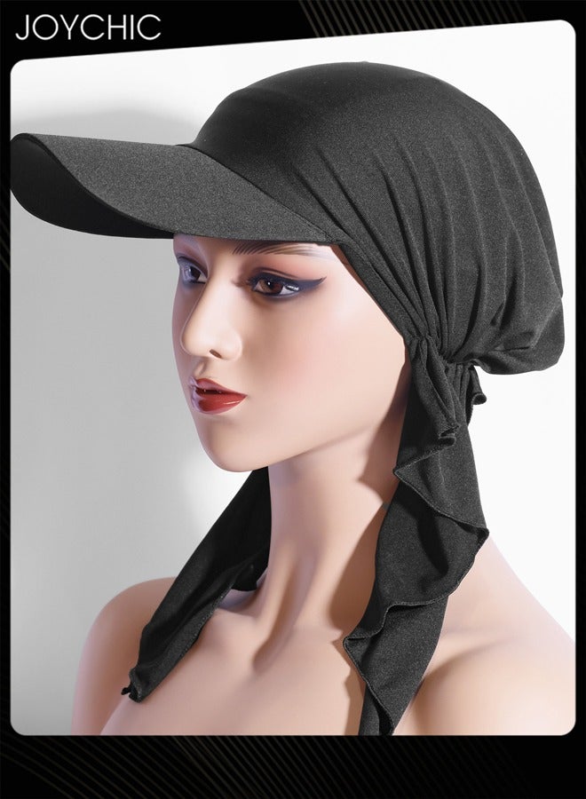 Joychic Women Solid Color Fashion Hijab Strap Sun Protection Hat Black - Image 2