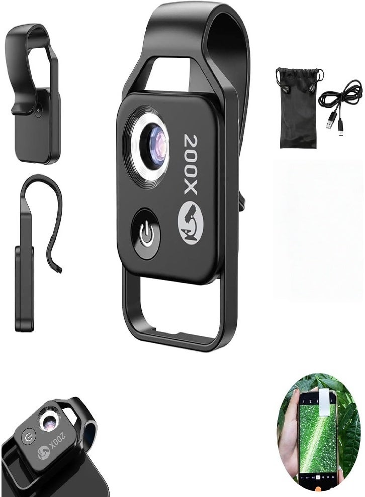 200X Mobile Phone Mini Pocket Microscope, Portable Microscope with LED Light, Clip-on Mobile Phone Microscope with Universal CPL, Miniature World for Kids and Adults (Black) - Image 1