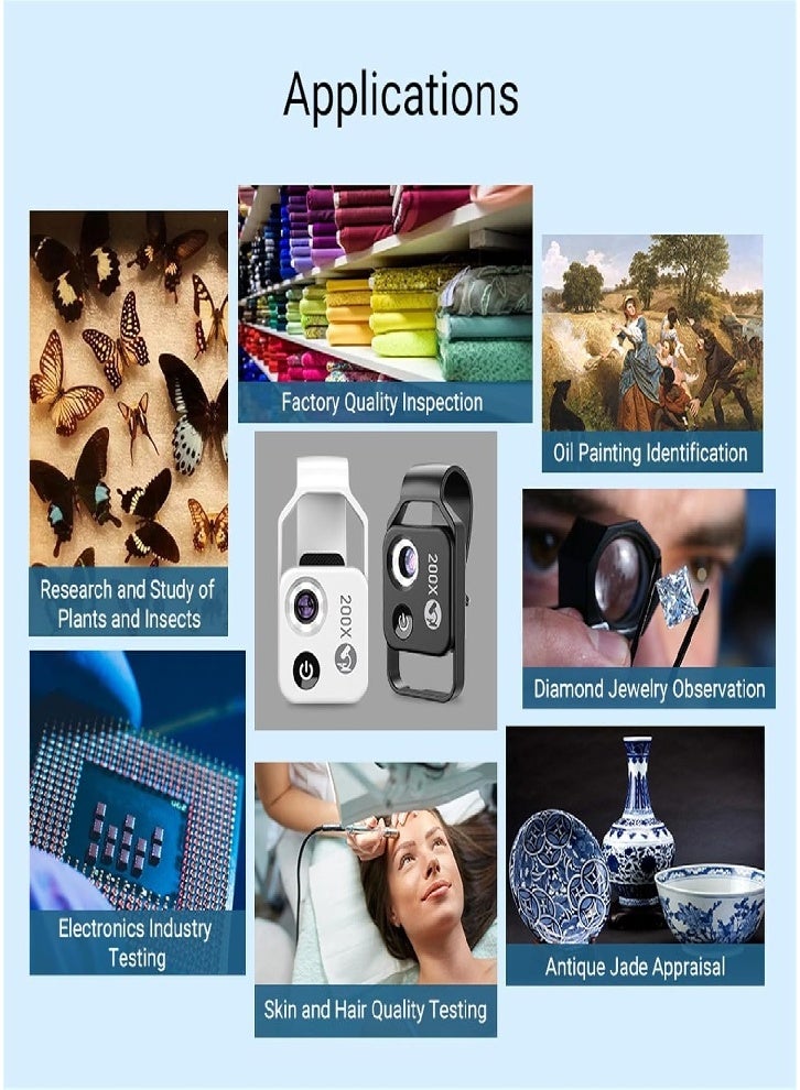 200X Mobile Phone Mini Pocket Microscope, Portable Microscope with LED Light, Clip-on Mobile Phone Microscope with Universal CPL, Miniature World for Kids and Adults (Black) - Image 3