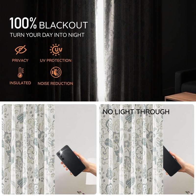 Kayne Studio Blue Grey Blackout Curtain Panels Linen Botanical Leaf Print Floral Farmhouse Drapes Soundproof Light Blocking Window Treatment Living Room Bedroom Pinch Pleated BackTab,40"x84",2 Panels - Image 4