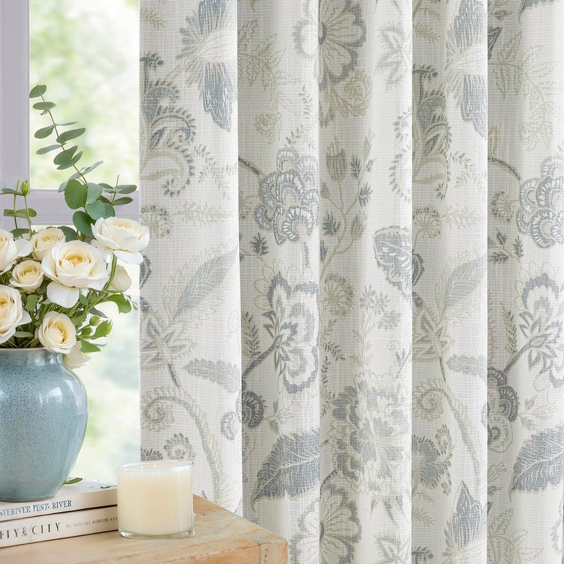 Kayne Studio Blue Grey Blackout Curtain Panels Linen Botanical Leaf Print Floral Farmhouse Drapes Soundproof Light Blocking Window Treatment Living Room Bedroom Pinch Pleated BackTab,40"x84",2 Panels - Image 1