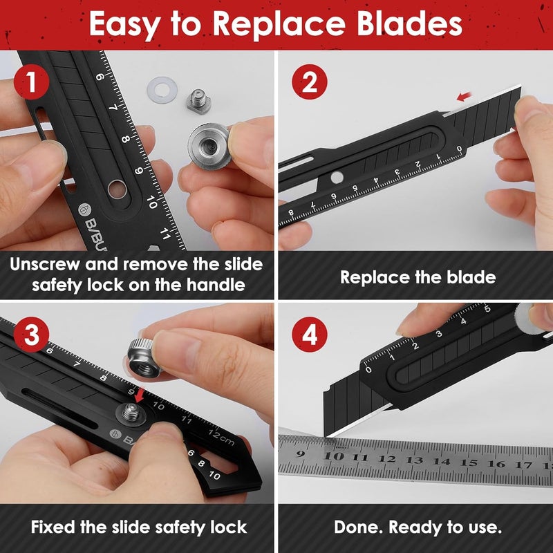 BIBURY 2 Pack Utility Knife, Heave Duty Full Stainless Steel Retractable Box Cutter with 10PCS replaceable Blades (18mm Wide), Multi-functional Extended Razor Knife for Office, Home, School Black - Image 5
