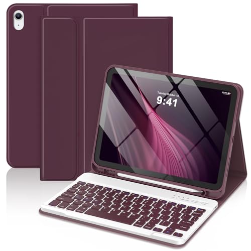 MMK for iPad 11th 10th Generation Case with Keyboard (2022, 10.9"), Wireless Detachable Keyboard, Pencil Holder for iPad 11 inch (A16 2025), 10th Gen (10.9 Inch 2022) Crimson Purple - Image 1