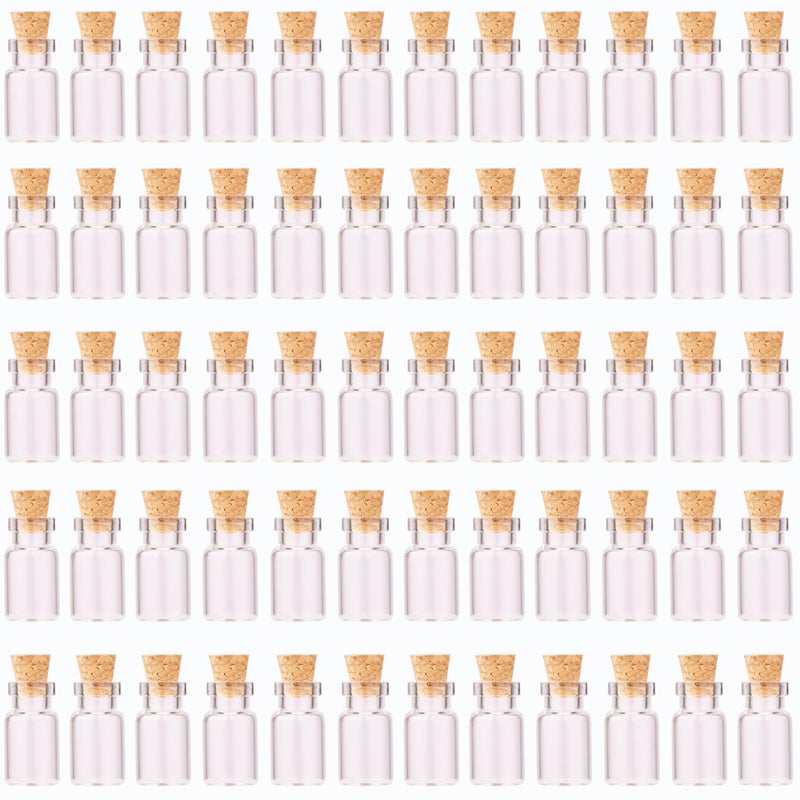 MaxMau 64pcs 1ml Tiny Vials with Cork Stoppers and Eye Screws,Mini Glass Bottles Small Jars for DIY Art Crafts Project Jewelry Pendant Party Favors - Image 1