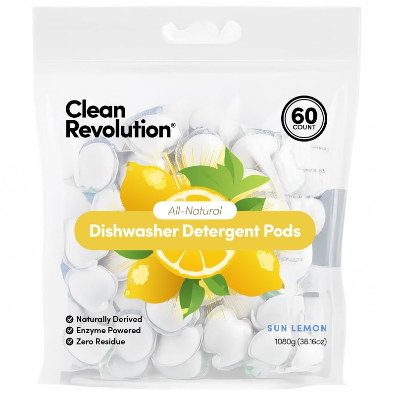 Clean Revolution بودات منظف الصحون الطبيعي بالكامل من كلين ريفولوشن، 60 بود، مدعوم بالإنزيمات، بدون إضافات كيميائية، بدون بقايا - ليمون مشمس - صنع في الولايات المتحدة - Image 1