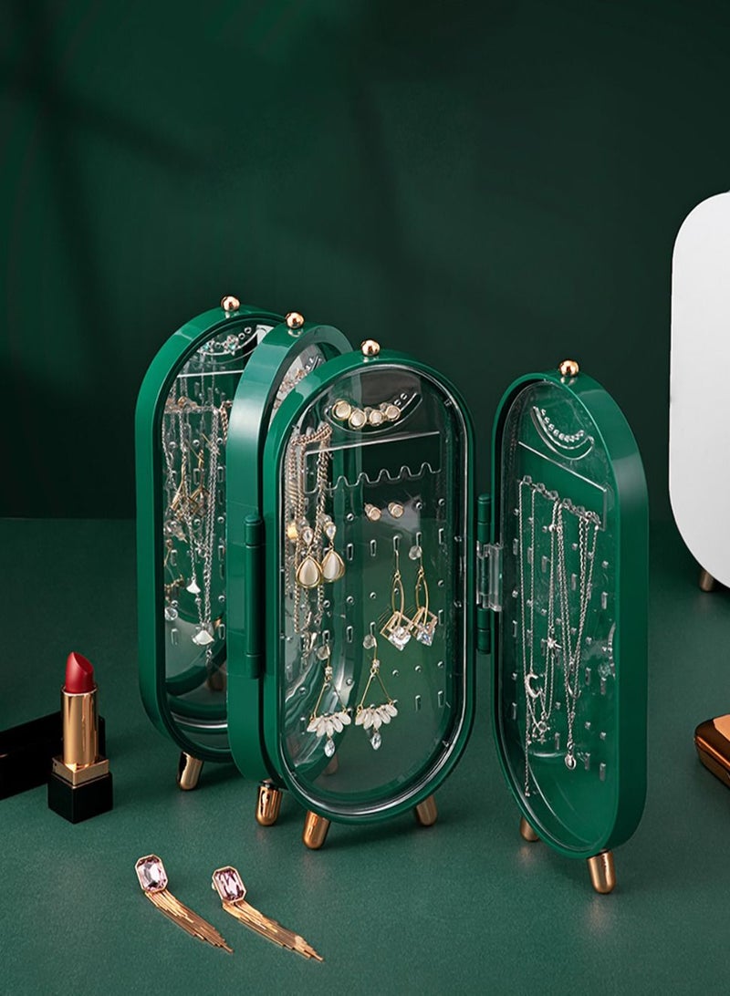 Merry Moments Green 4 Tiers Acrylic Jewelry Display Stand Box with Mirror Organizer Box Fordable, Necklace Holder,153 Holes For Dangle Earrings & 21 Grooves for Necklaces, Jewelry Organizer Green - Image 1