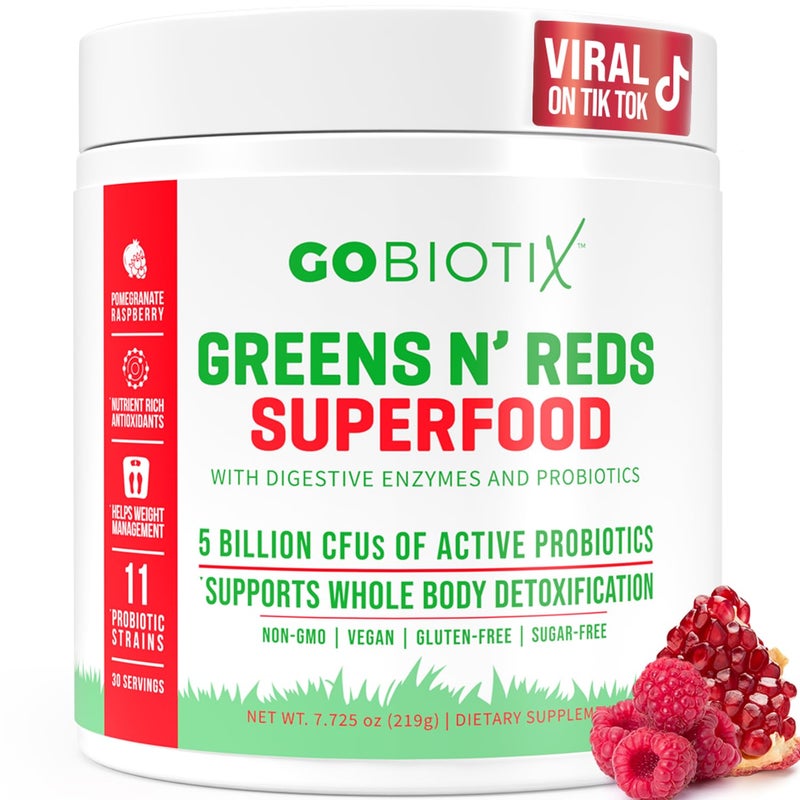 GOBIOTIX Super Greens and Reds Powder - Red and Green Superfood - Probiotic Supplement - Digestive Enzymes and Beet Root Powder - Organic Whole Foods Dietary Supplement (Pom Raspberry, 1 Pack) - Image 1