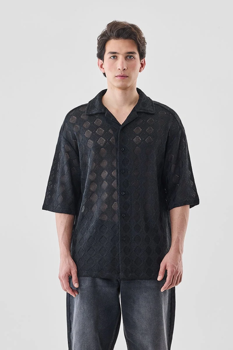 سنيتش Black Textured Half Sleeve Oversized Shirt