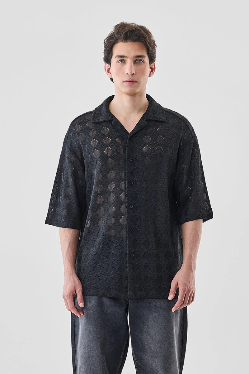 SNITCH Black Textured Half Sleeve Oversized Shirt