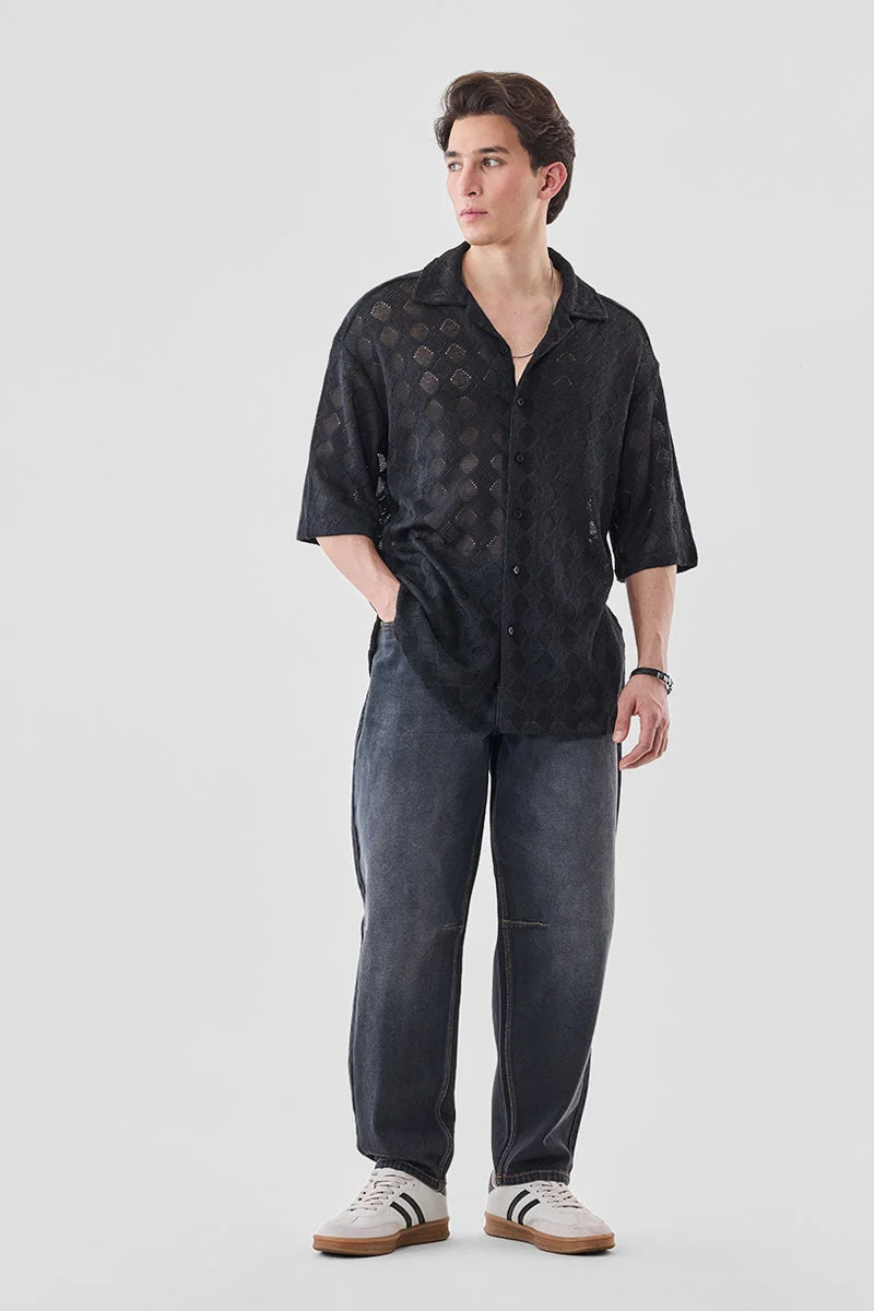 SNITCH Black Textured Half Sleeve Oversized Shirt
