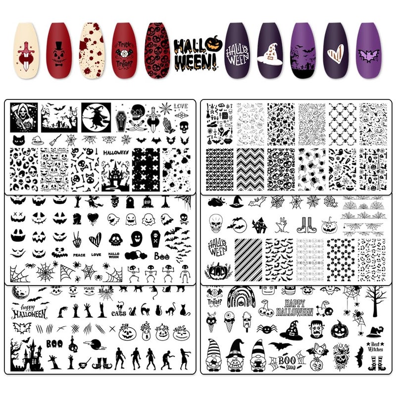 Hying 6pcs Halloween Nail Art Stamping Plates for Women Nail Art Stainless Steel JackoLantern Skull Nail Plates Template Set for DIY Halloween Decoration Spooky Spiderweb Stamp Templates Kit