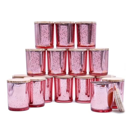 SHOWIN Thick Candle Jars for Making Candles 16 Pcs 7 OZ Empty Jars with Wood Lids for Candle Making Sample Container Rose Pink