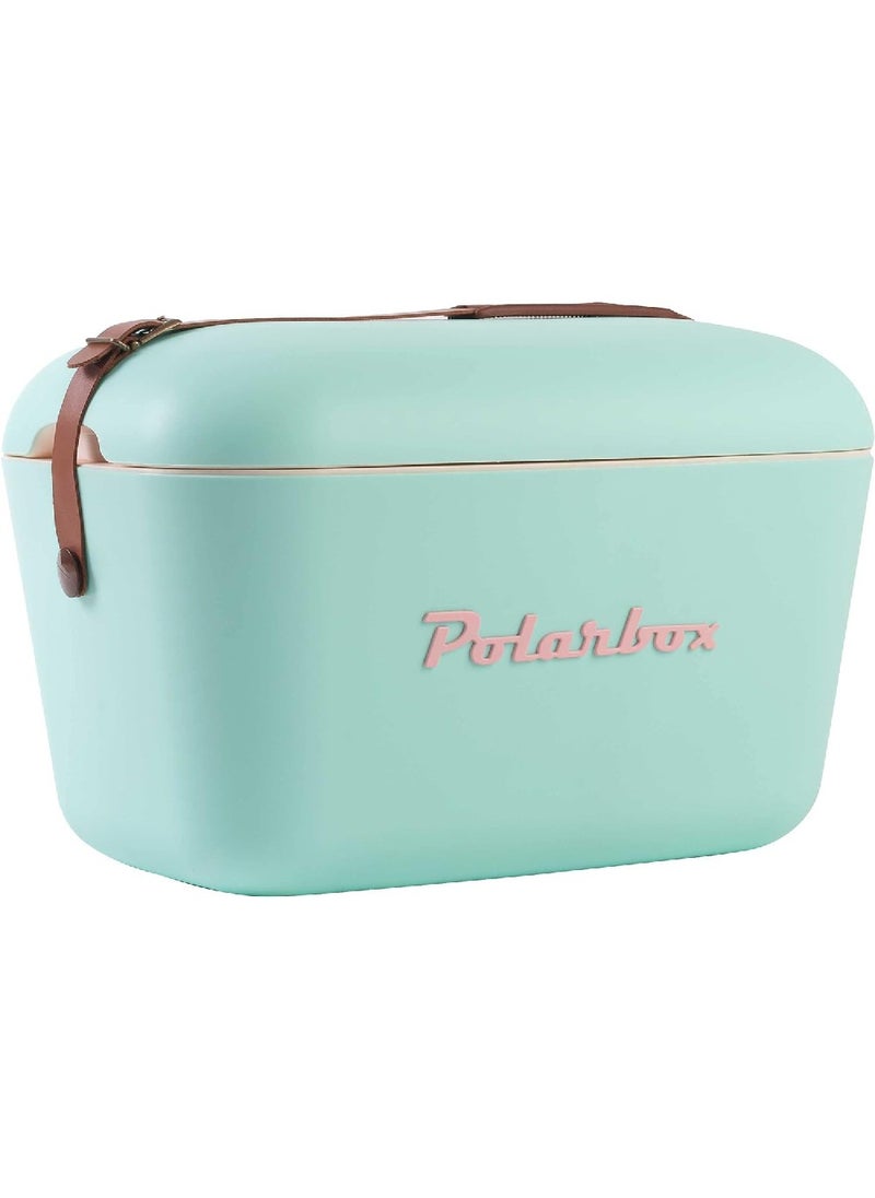 Polarbox - Classic Cooler Box with Leather Strap, Cyan & Baby Rose Rigid Thermal Insulated Ice for Beach, Picnic Party Convertible Lid Polypropylene Insulation Cyan/Baby 20L PB-9210 - Image 1