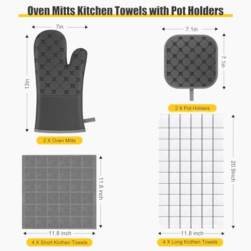 BSKSSK Oven Mitts Kitchen Towels Dishcloths with Pot Holders Sets 12PCS, Dish Towels Sets, Oven Gloves Pot Pads Heat Resistant 500 Degrees with Non-Slip Silicone Surface for Cooking Baking Grilling-Gray - Image 2