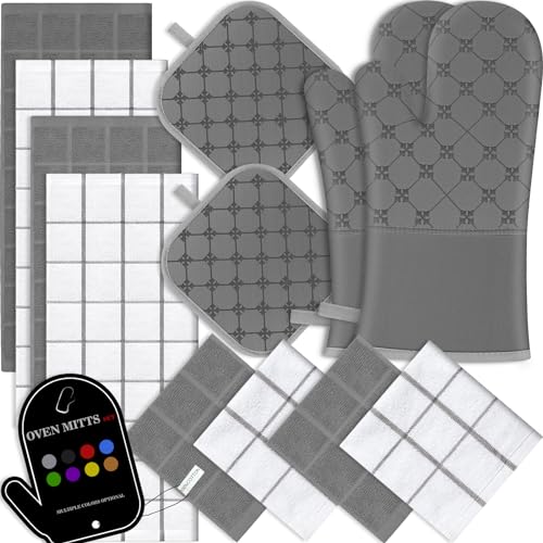 BSKSSK Oven Mitts Kitchen Towels Dishcloths with Pot Holders Sets 12PCS, Dish Towels Sets, Oven Gloves Pot Pads Heat Resistant 500 Degrees with Non-Slip Silicone Surface for Cooking Baking Grilling-Gray - Image 1