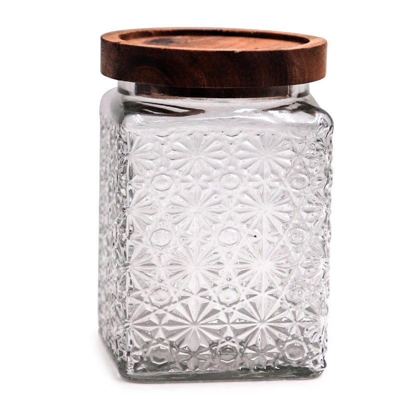 TOSSOW Vintage Glass Storage Jar 24oz Food Containers with Wooden Lid1Pack Stars Embossed Canister Airtight Glass Jars for Candy Cookie Sugar Nuts Coffee bean StarsSquare