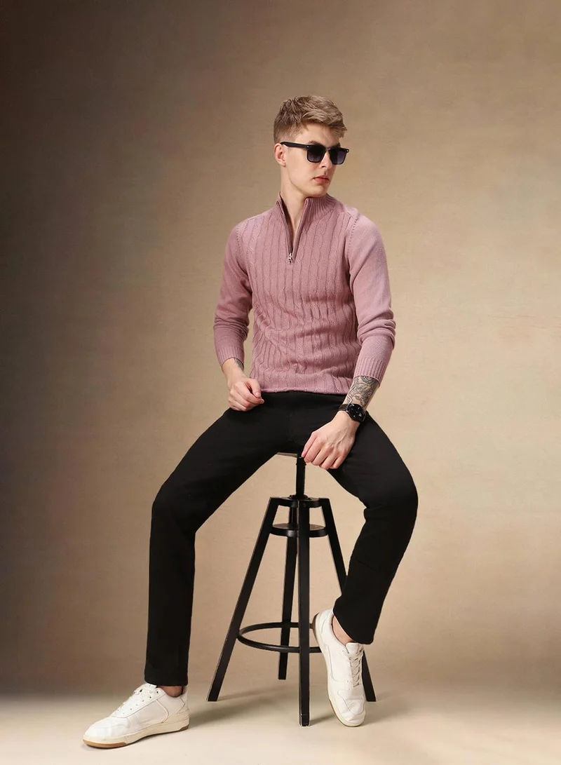 Dennis Lingo Men's Dusty Pink 100% Acrylic Solid Regular Fit Sweater
