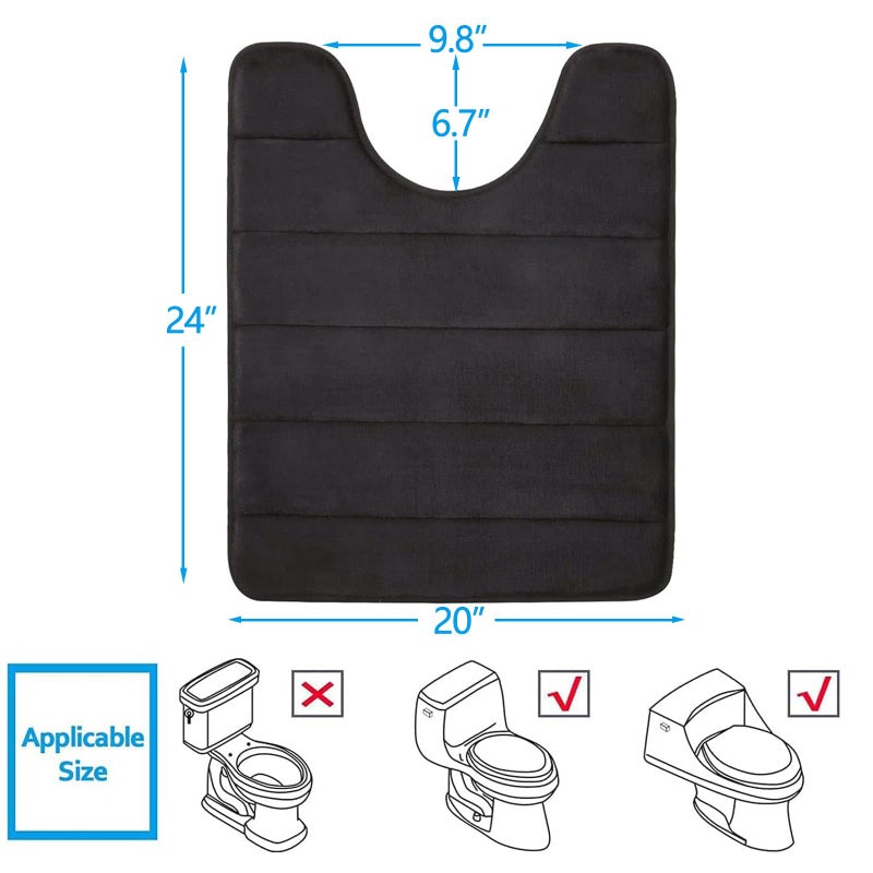 Buganda Memory Foam U-Shaped Contour Toilet Rugs, Non Slip Absorbent, Thick Soft Washable Bathroom Mat, Floor Carpet Bath Rugs Mat for Toilet Base (24" x 20", Black) - Image 2