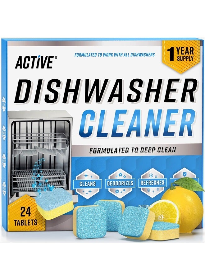 Active أقراص منظف ومزيل روائح غسالة الصحون - عبوة 24 قرص لتنظيف عميق وإزالة الترسبات لغسالة الصحون، قوية، آمنة على أنظمة الصرف الصحي، مزيل طبيعي للترسبات الكلسية، الكالسيوم، الرائحة، العطر - إمداد لمدة 12 شهرًا - Image 1