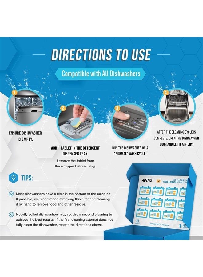 Active أقراص منظف ومزيل روائح غسالة الصحون - عبوة 24 قرص لتنظيف عميق وإزالة الترسبات لغسالة الصحون، قوية، آمنة على أنظمة الصرف الصحي، مزيل طبيعي للترسبات الكلسية، الكالسيوم، الرائحة، العطر - إمداد لمدة 12 شهرًا - Image 4
