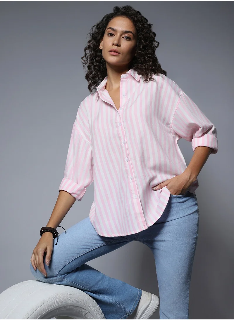 هاي ستار Boxy Striped Longline Casual Shirt for Women