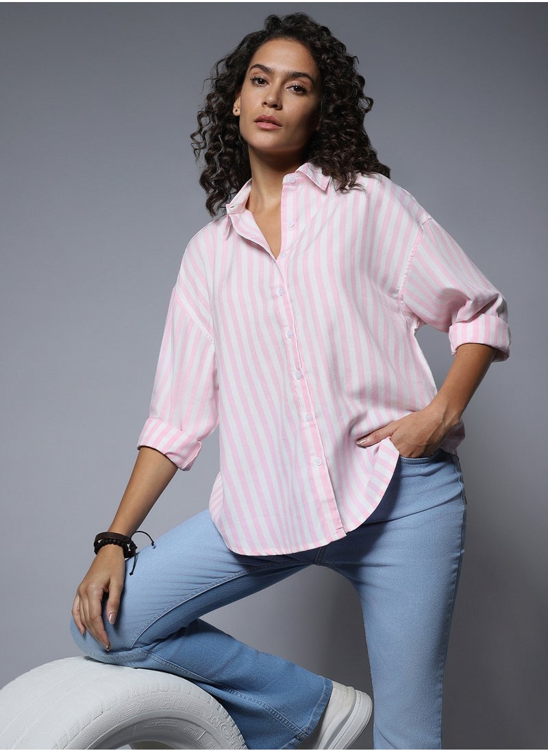 HIGH STAR Boxy Striped Longline Casual Shirt for Women  - Image 1