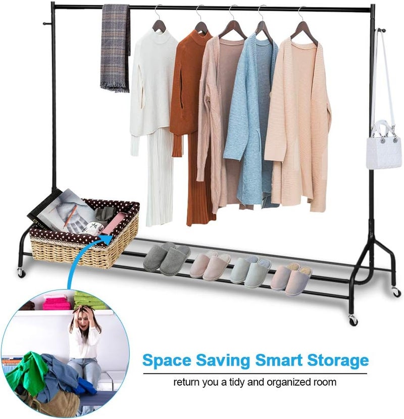 klarako Clothes Garment Rack, Rolling Clothing Hanging Rack Commercial Grade Steel Clothes Rail Display Stand Storage Organizer on Wheel with Bottom Shelf for Home Living Room Bedroom - Image 2