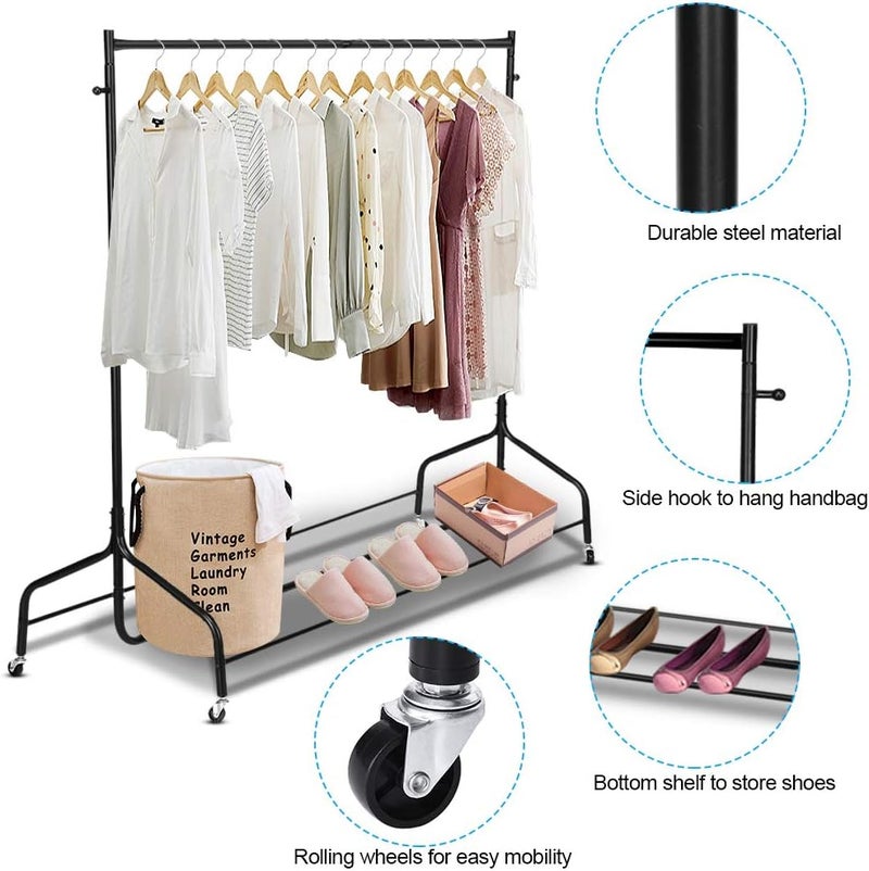 klarako Clothes Garment Rack, Rolling Clothing Hanging Rack Commercial Grade Steel Clothes Rail Display Stand Storage Organizer on Wheel with Bottom Shelf for Home Living Room Bedroom - Image 4