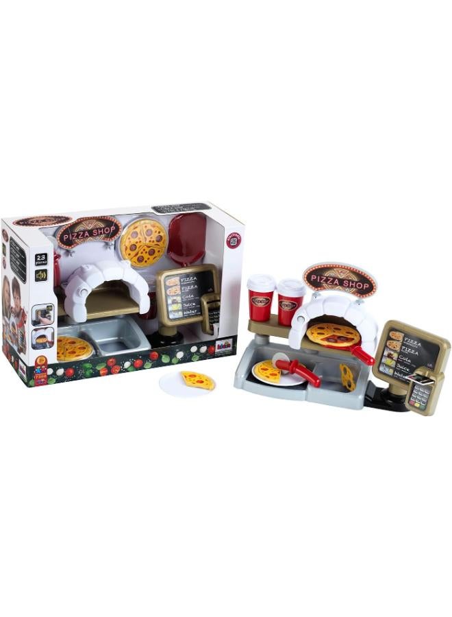 Kids Pizza Shop Playset with Toy Kitchen, Menu Board, Pizza Accessories and Drinks, Role Play Game - Image 4