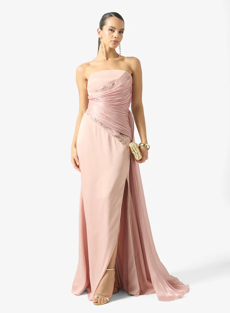 Namshi X  Off Shoulder Draped Embellished Dress With Trail for Women | Best Price UAE