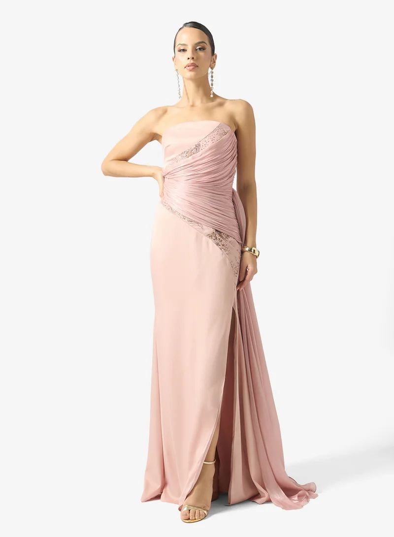 Off Shoulder Draped Embellished Dress With Trail