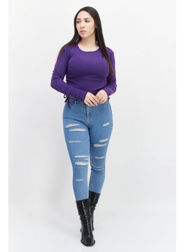 Don't Call Me Jennyfer Women Round Neck Long Sleeves Knitted Tops, Dark Purple  - Image 2