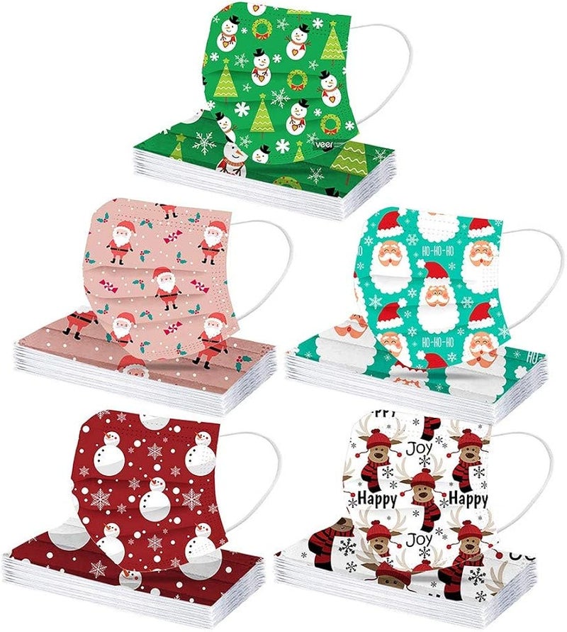 woobles 50Pcs Christmas Masks Disposable Adult, Cute Snowman Santa Claus Winter 2022 Designs Breathable 3 Ply Full Face Protection Christmas 03,50pc - Image 1