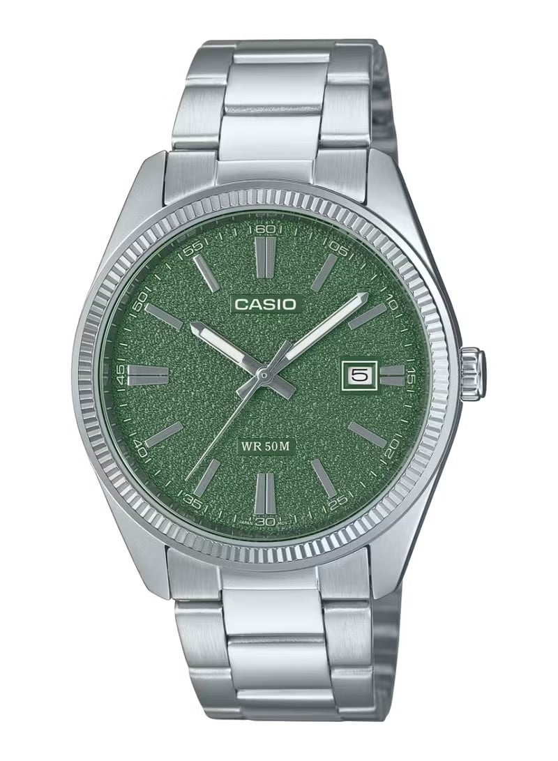 Casio Men's Watch - MTP-1302PD-3AVDF Green Dial, Silver Band - Image 1